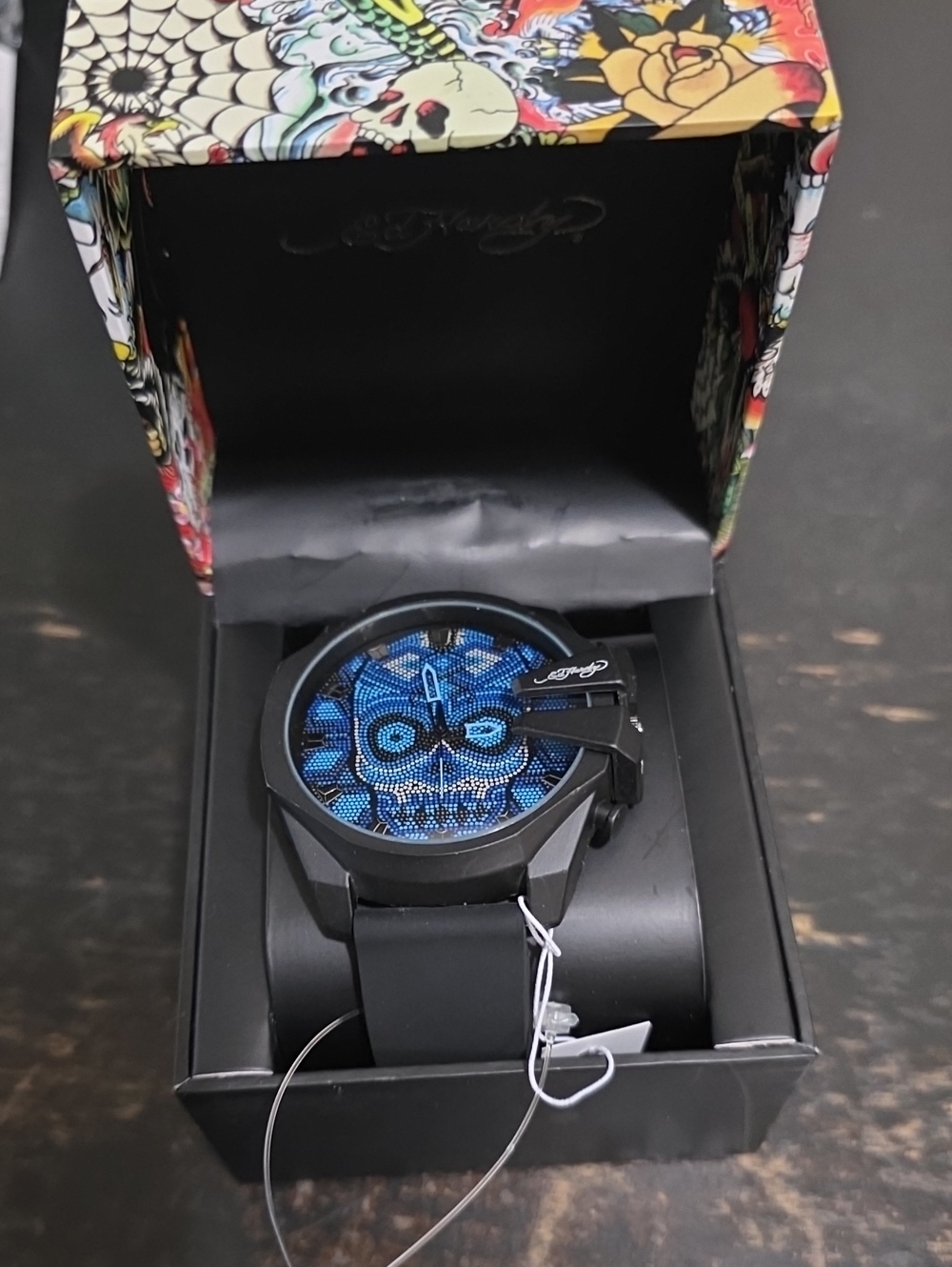 Ed Hardy Black Watch with Blue Skull Dial